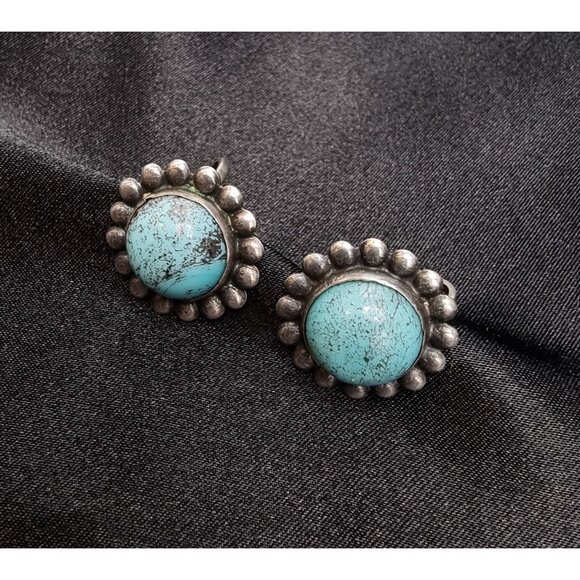 Vintage Sterling Silver Turquoise Earrings With Floral Design Round Cabochon - Picture 4 of 5